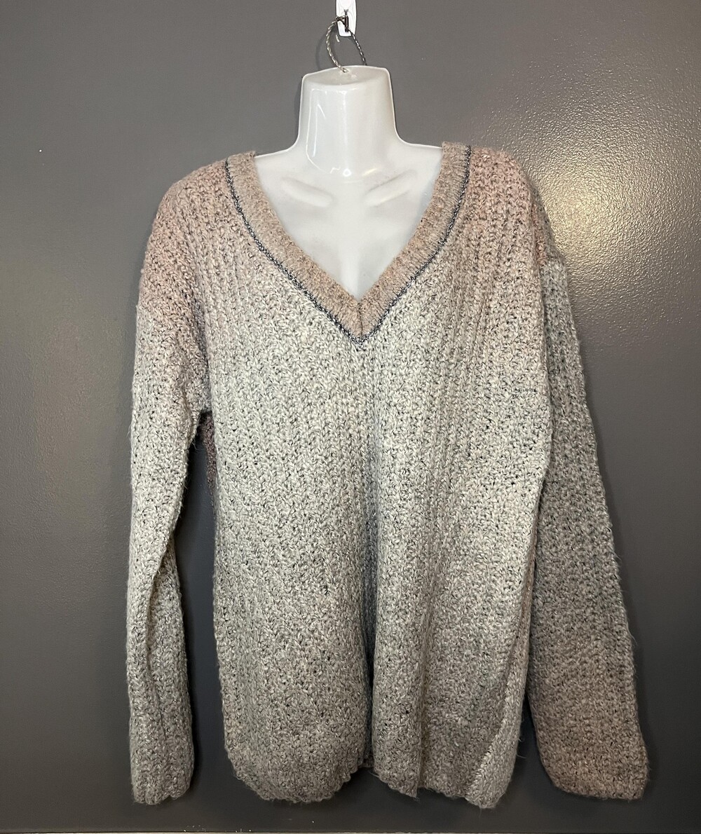 Venus Sweater Womens Medium Beige Gray Ombre Chunky Knit V Neck Cozy Pullover